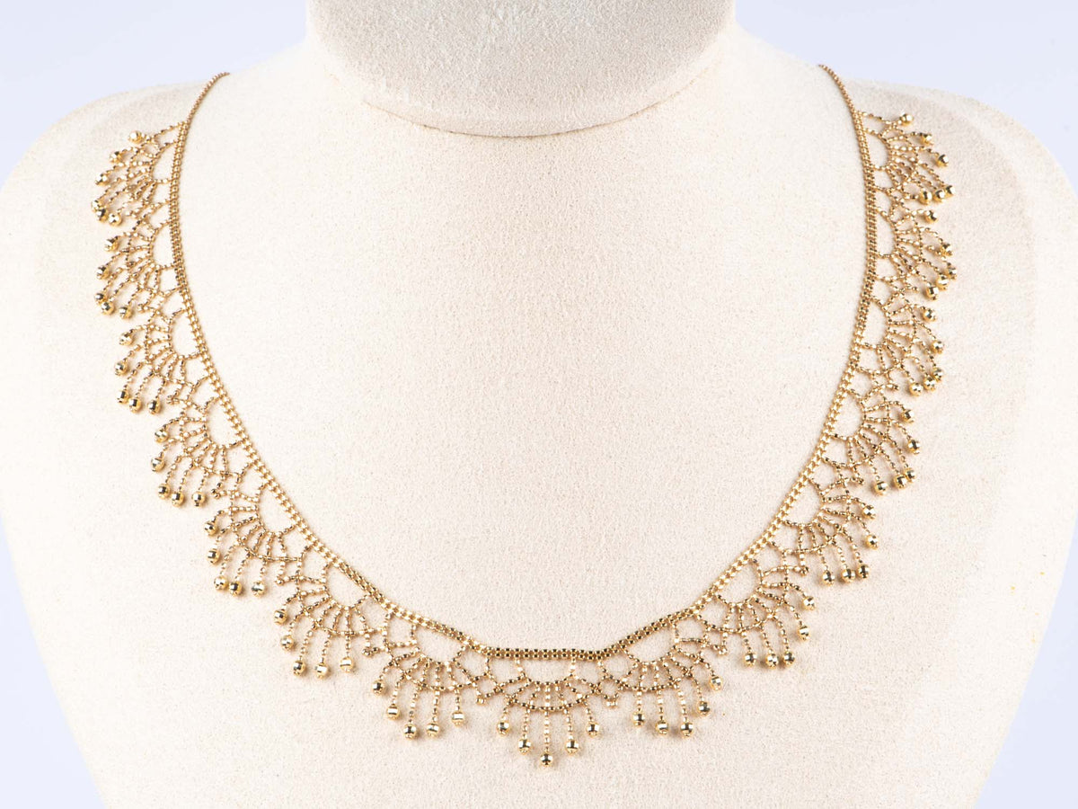 18K Gold Lace Necklace 7.56g Peacock Feather Scallop Design R4576 Aurora Designer