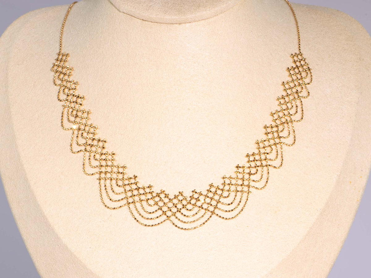 18K Gold Filigree Bead Lace Edge Necklace 5.3g R4577 Aurora Designer