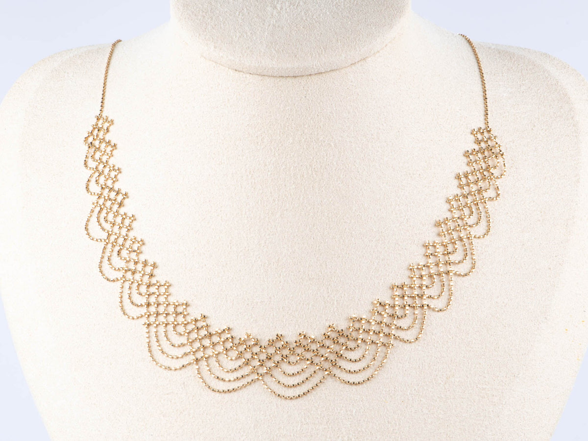 18K Gold Filigree Bead Lace Edge Necklace 5.3g R4577 Aurora Designer