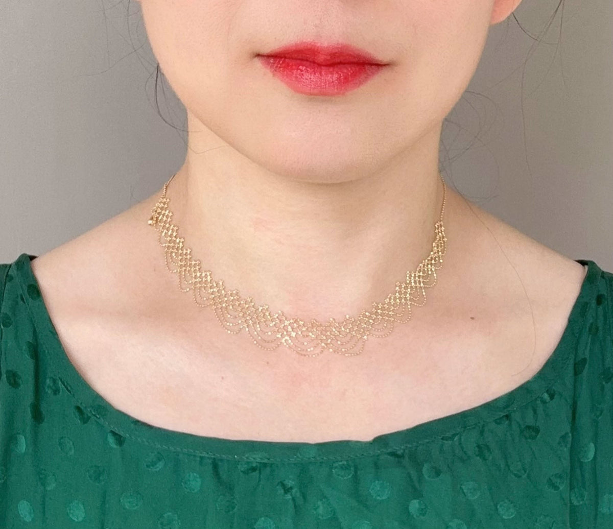 18K Gold Filigree Bead Lace Edge Necklace 5.3g R4577 Aurora Designer