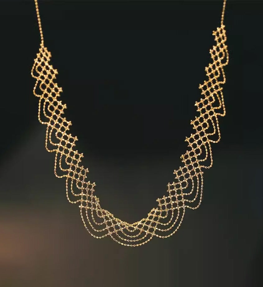 18K Gold Filigree Bead Lace Edge Necklace 5.3g R4577 Aurora Designer
