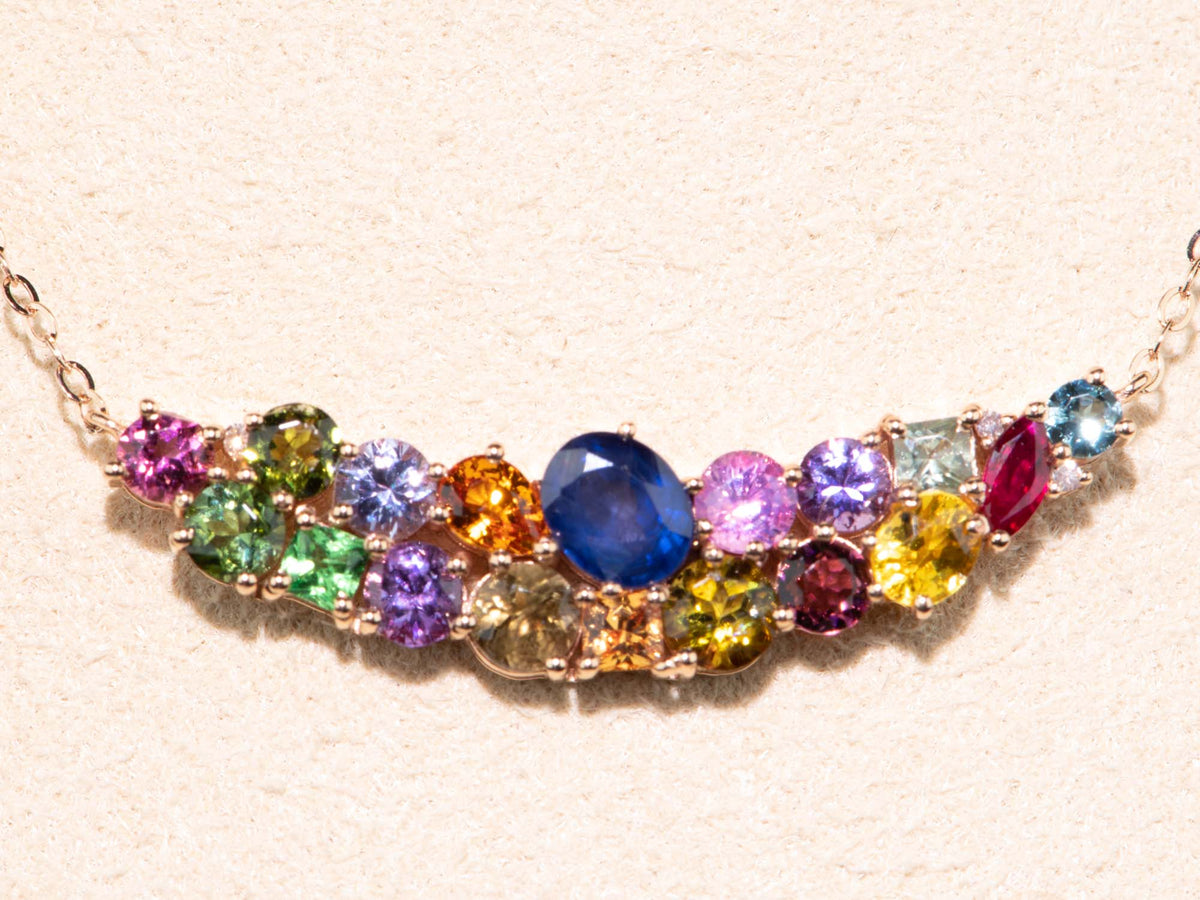Fancy Sapphire Colorful Cluster Necklace 18K Rose Gold R4583 Aurora Designer