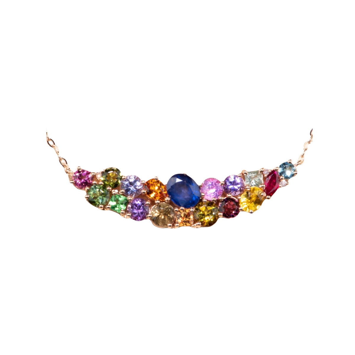 Fancy Sapphire Colorful Cluster Necklace 18K Rose Gold R4583 Aurora Designer