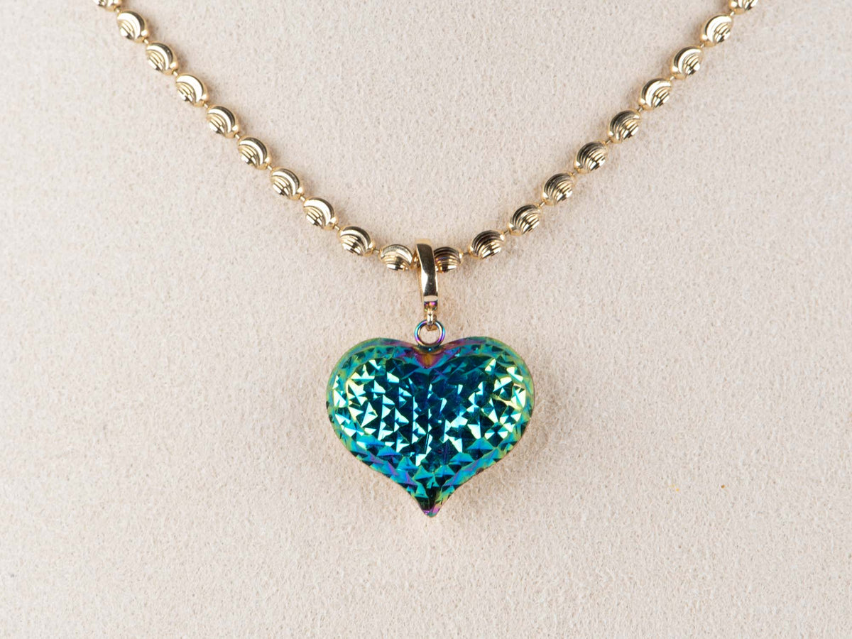 18K Gold Double-Sided Puffy Heart Pendant Yellow Side Brushed / White Side Diamond Cut R4586 Aurora Designer