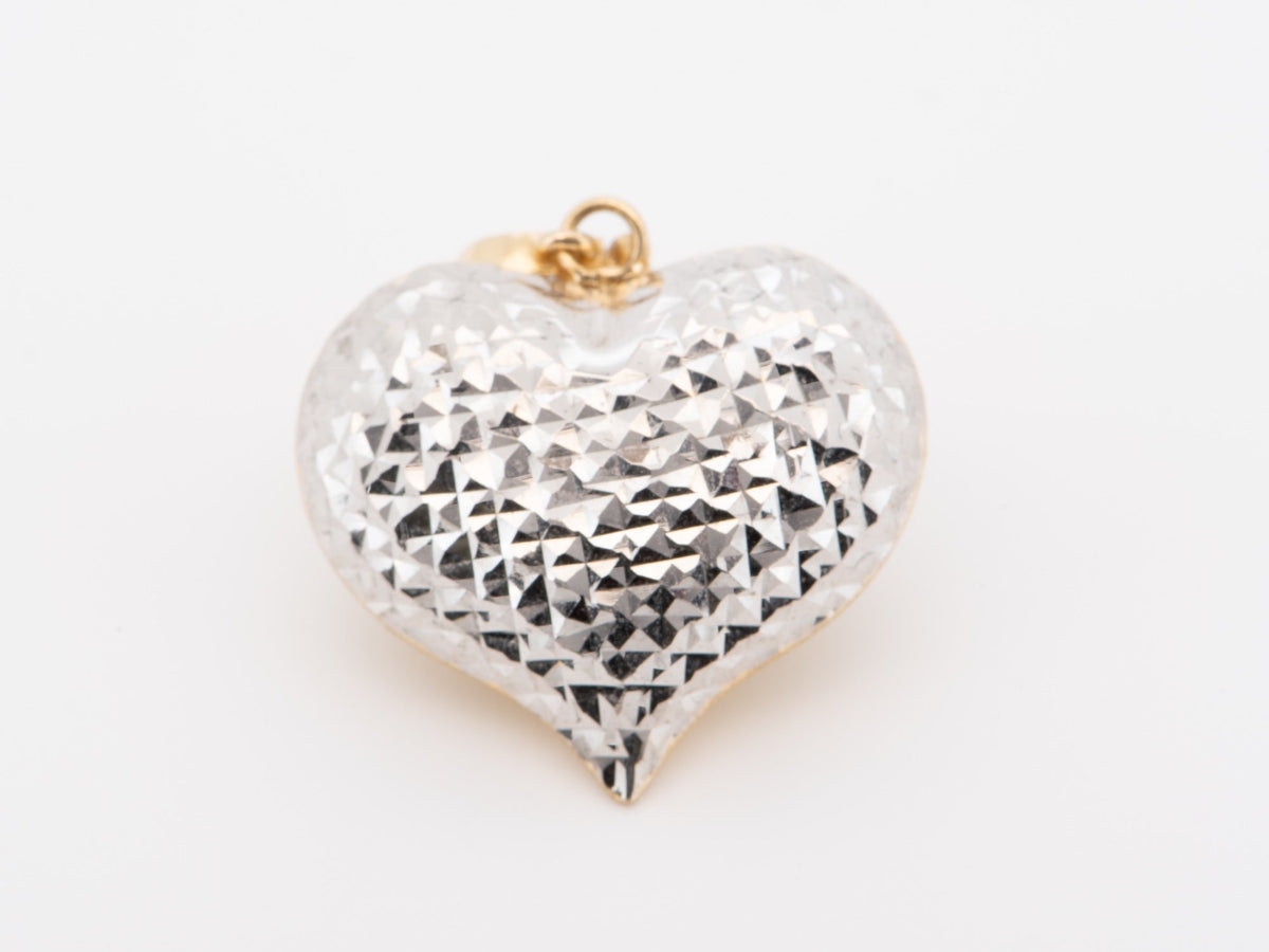 18K Gold Double-Sided Puffy Heart Pendant Yellow Side Brushed / White Side Diamond Cut R4586 Aurora Designer