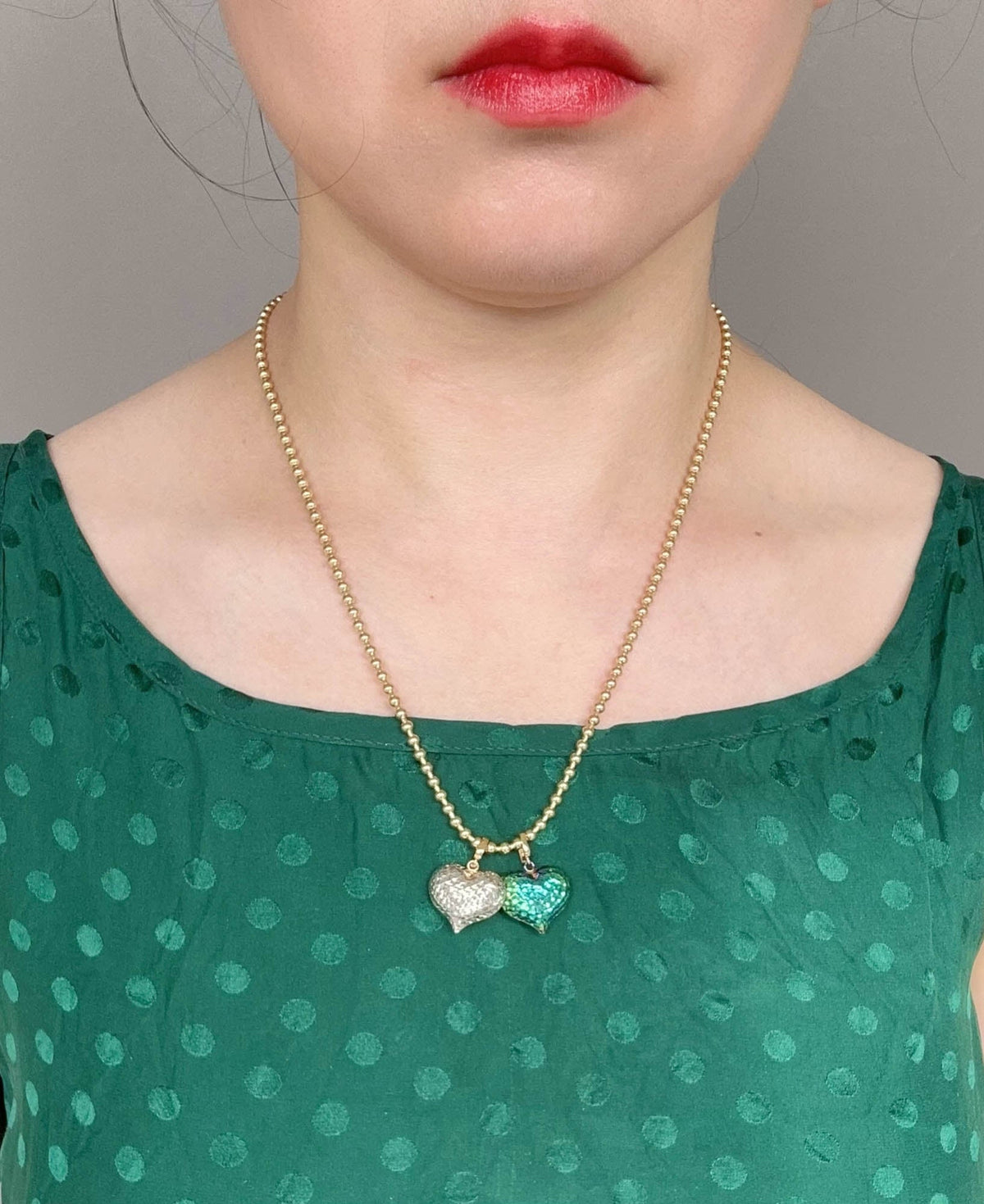 18K Gold Double-Sided Puffy Heart Pendant Yellow Side Brushed / White Side Diamond Cut R4586 Aurora Designer
