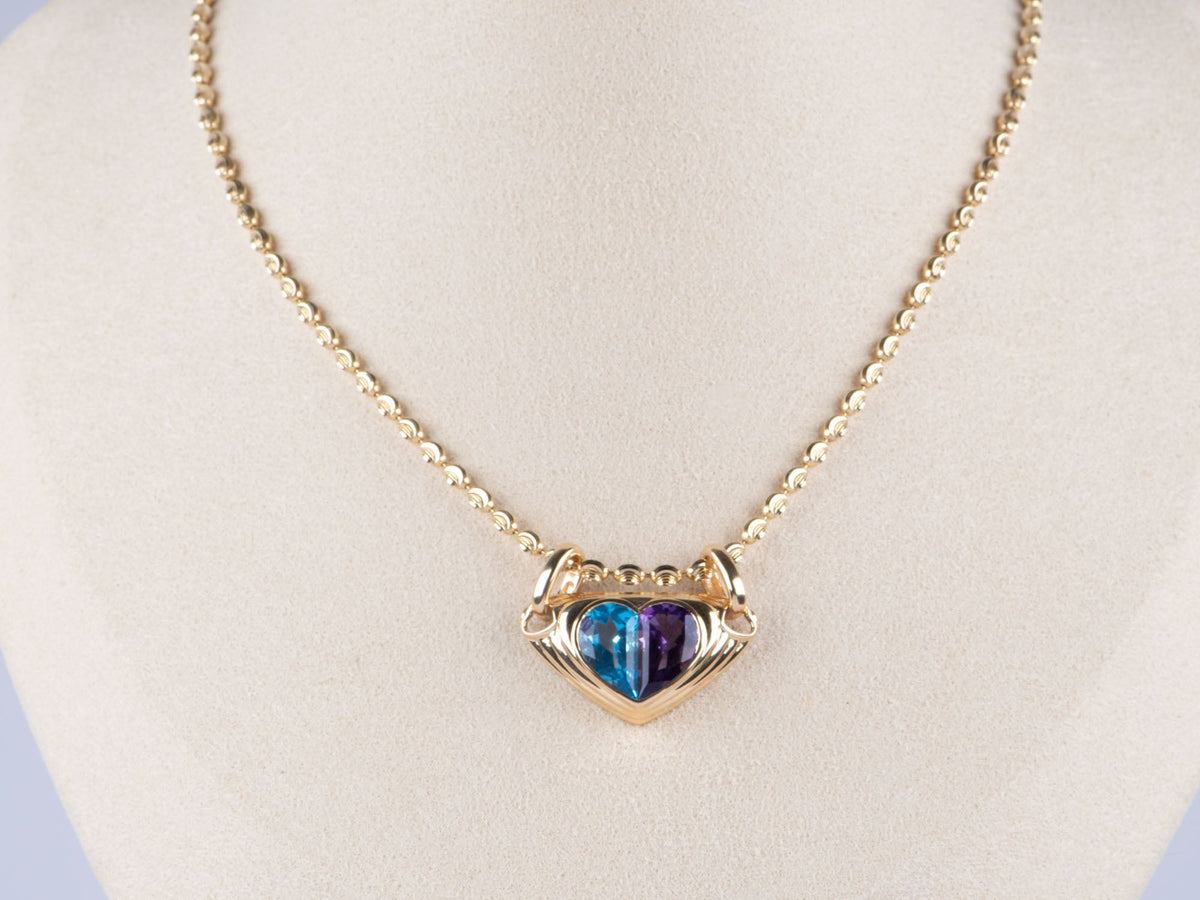 18K Gold Heart-Shaped Topaz Amethyst Pendant with Double Clasp