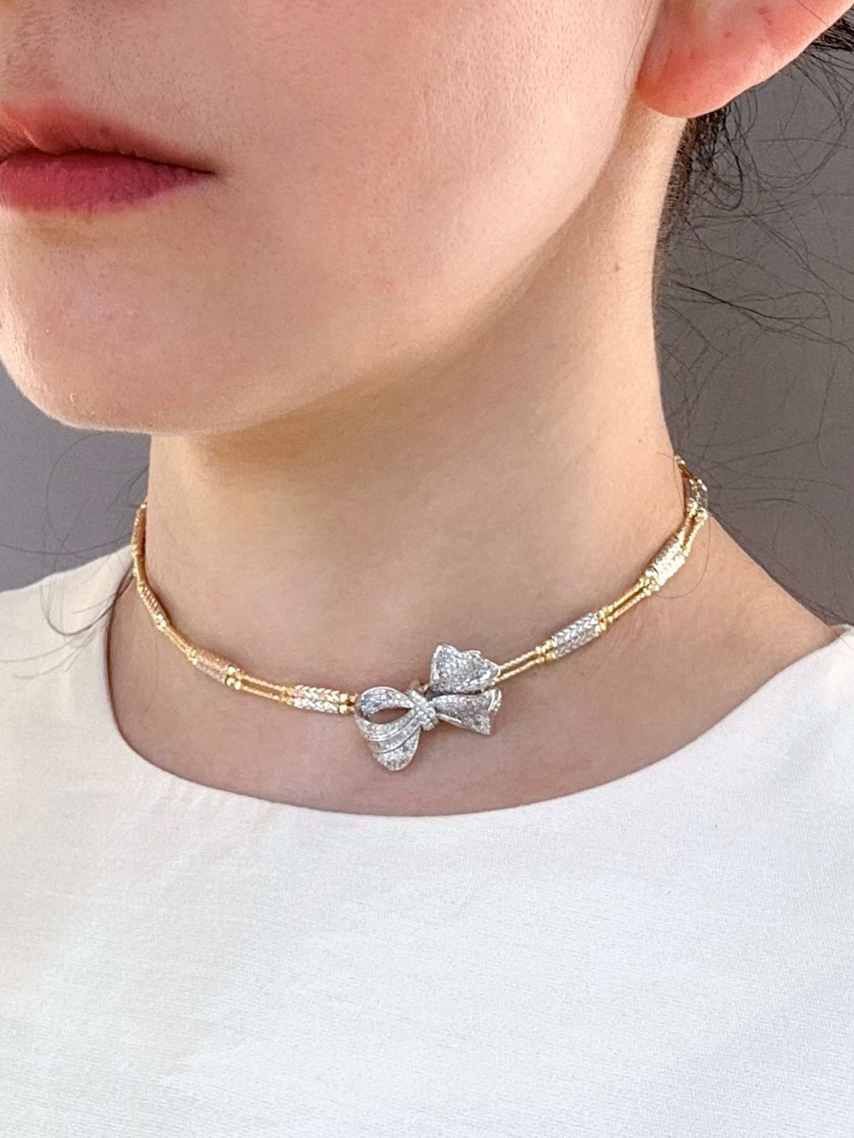 1ct Diamond Pave Ribbon Bow Pendant Necklace Slider 18K White Gold R4562 Aurora Designer