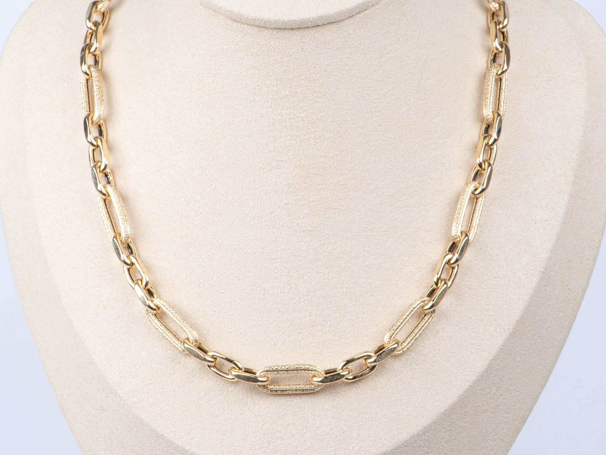 18K Gold Mixed Oval Links with Texture Chunky Necklace 18.5