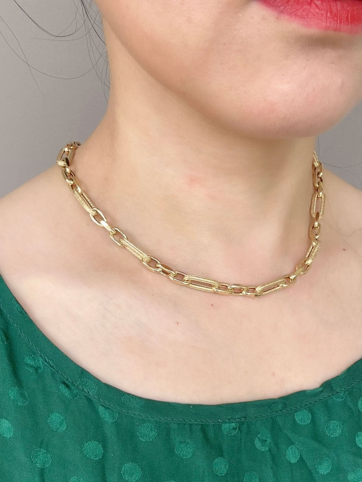 18K Gold Oval Links with Texture Chunky Necklace 18.5" 13g+ R4592 Aurora Designer