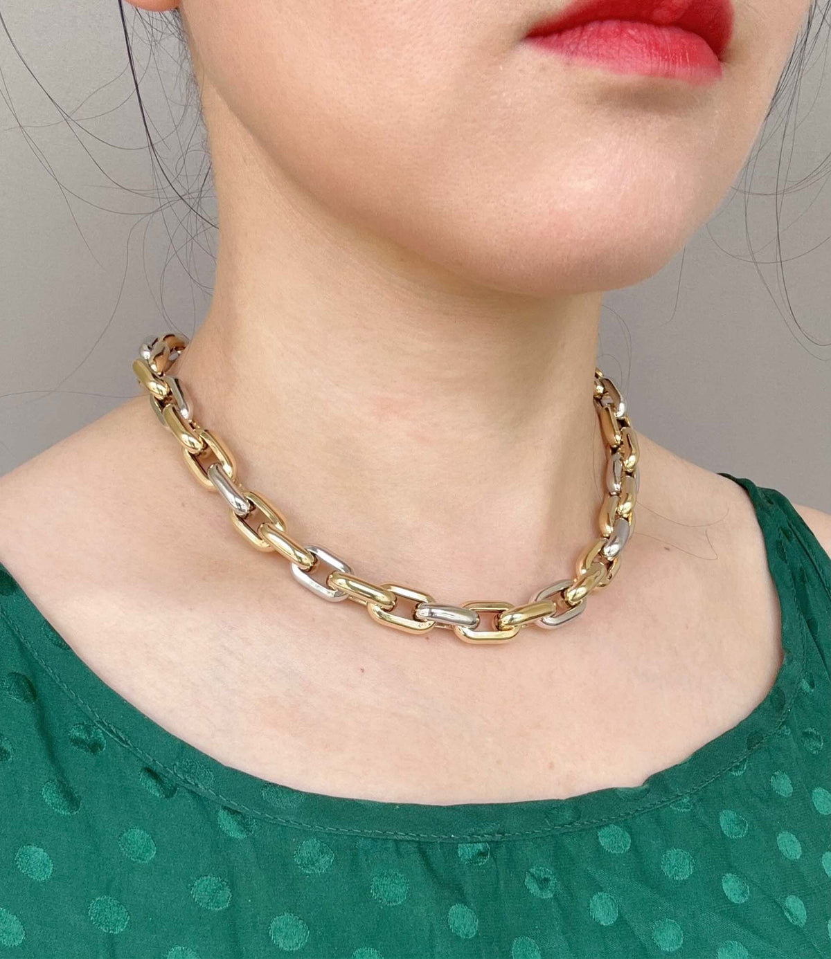18K Gold Dual Color Chunky Link Necklace 18" 34g+ R4593 Aurora Designer