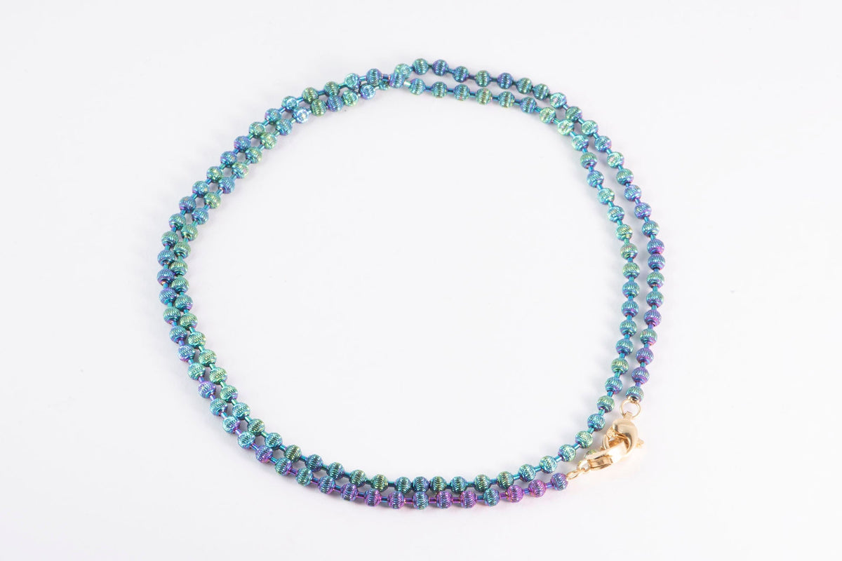 18K Gold Iridescent Rainbow Bead Necklace 6g+ 17.75" Double Clasp R4598 Aurora Designer