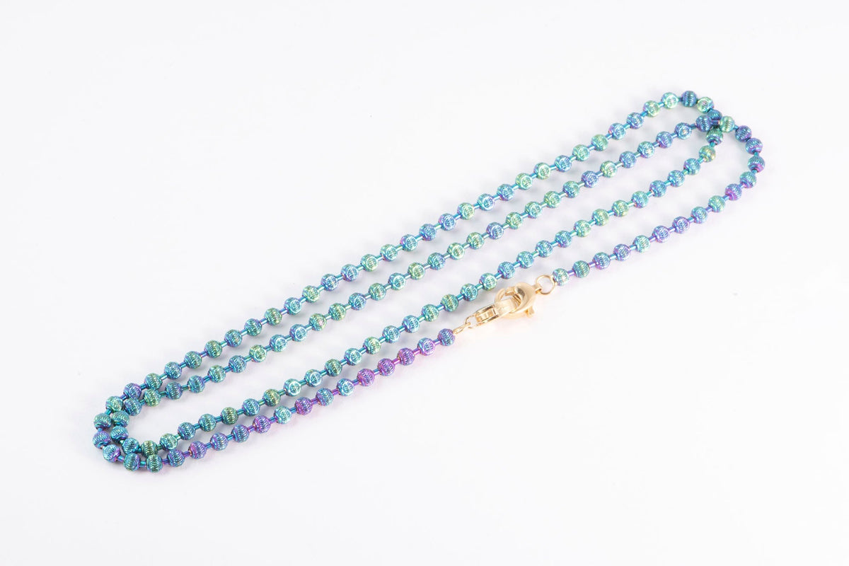 18K Gold Iridescent Rainbow Bead Necklace 6g+ 17.75" Double Clasp R4598 Aurora Designer