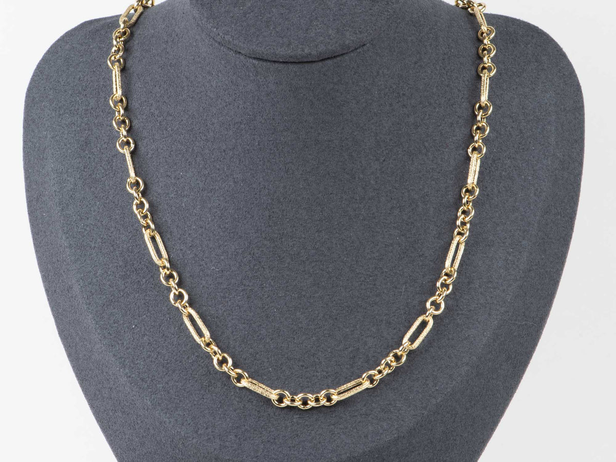 18K Gold Mixed Link Necklace 18" 6g+ Textured Trombone and Circle Links R4600 Aurora Designer