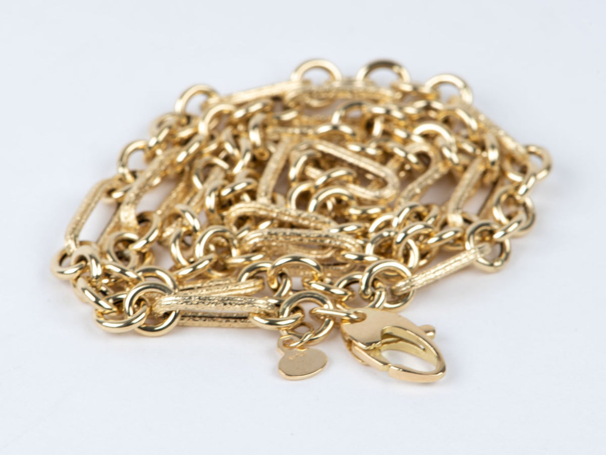 18K Gold Mixed Link Necklace 18" 6g+ Textured Trombone and Circle Links R4600 Aurora Designer