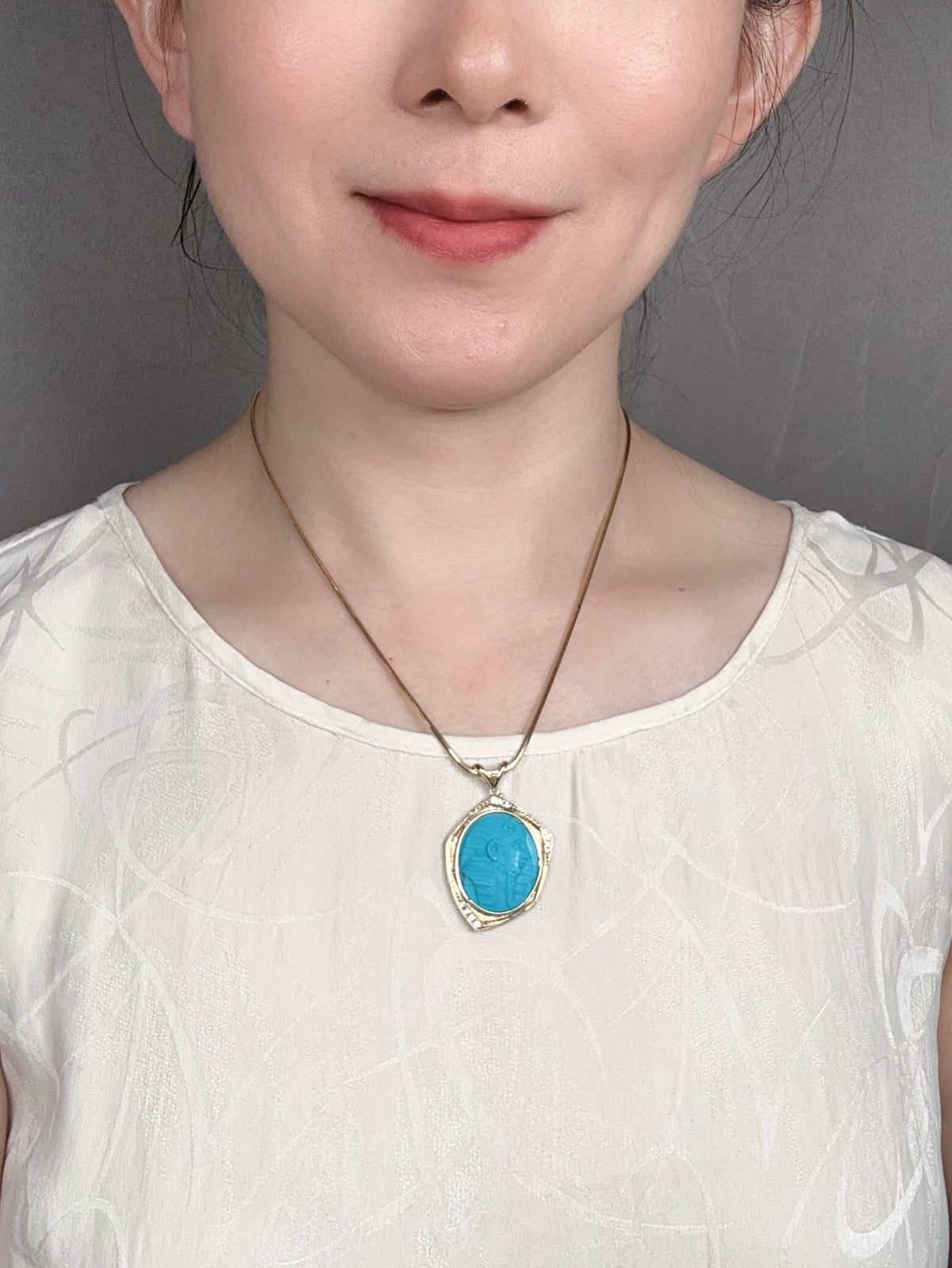 Egyptian Revival Carved Turquoise Pharaoh Pendant 18K Gold with Diamond Accent R4610 Aurora Designer