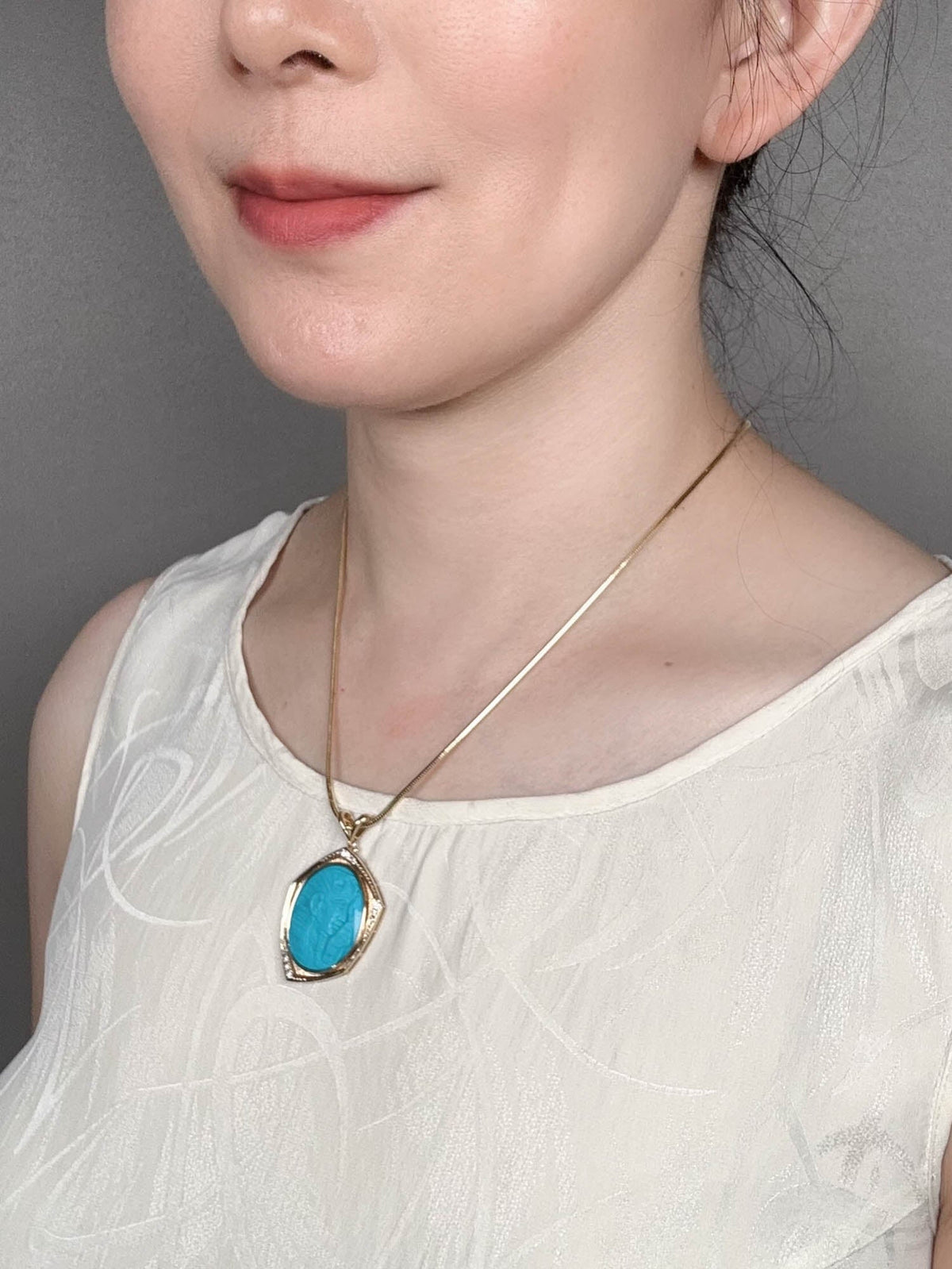 Egyptian Revival Carved Turquoise Pharaoh Pendant 18K Gold with Diamond Accent R4610 Aurora Designer