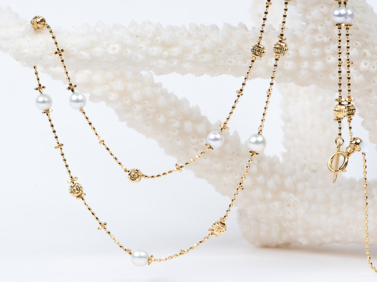 18K Gold Dainty Necklace with Diamond Cut Beads and Pearls R4609 Aurora Designer