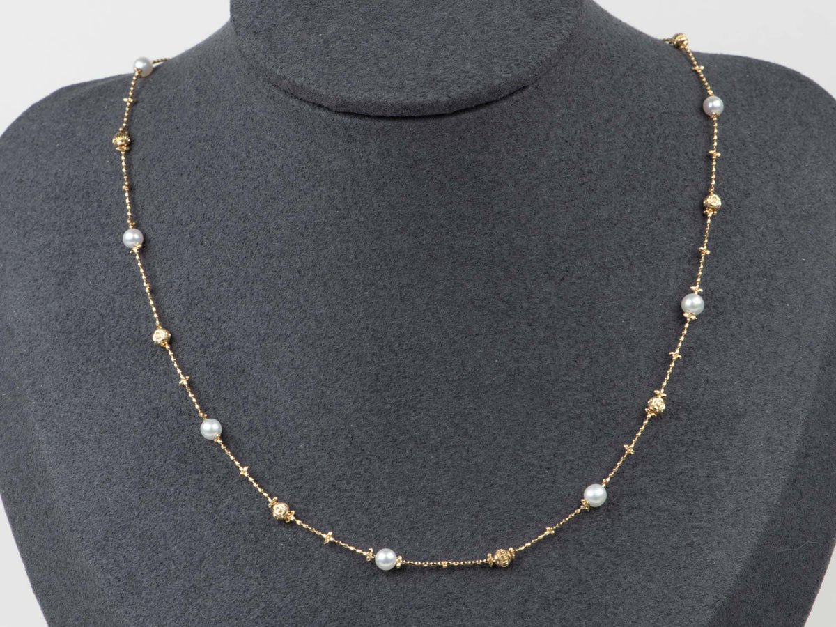 18K Gold Dainty Necklace with Diamond Cut Beads and Pearls R4609 Aurora Designer