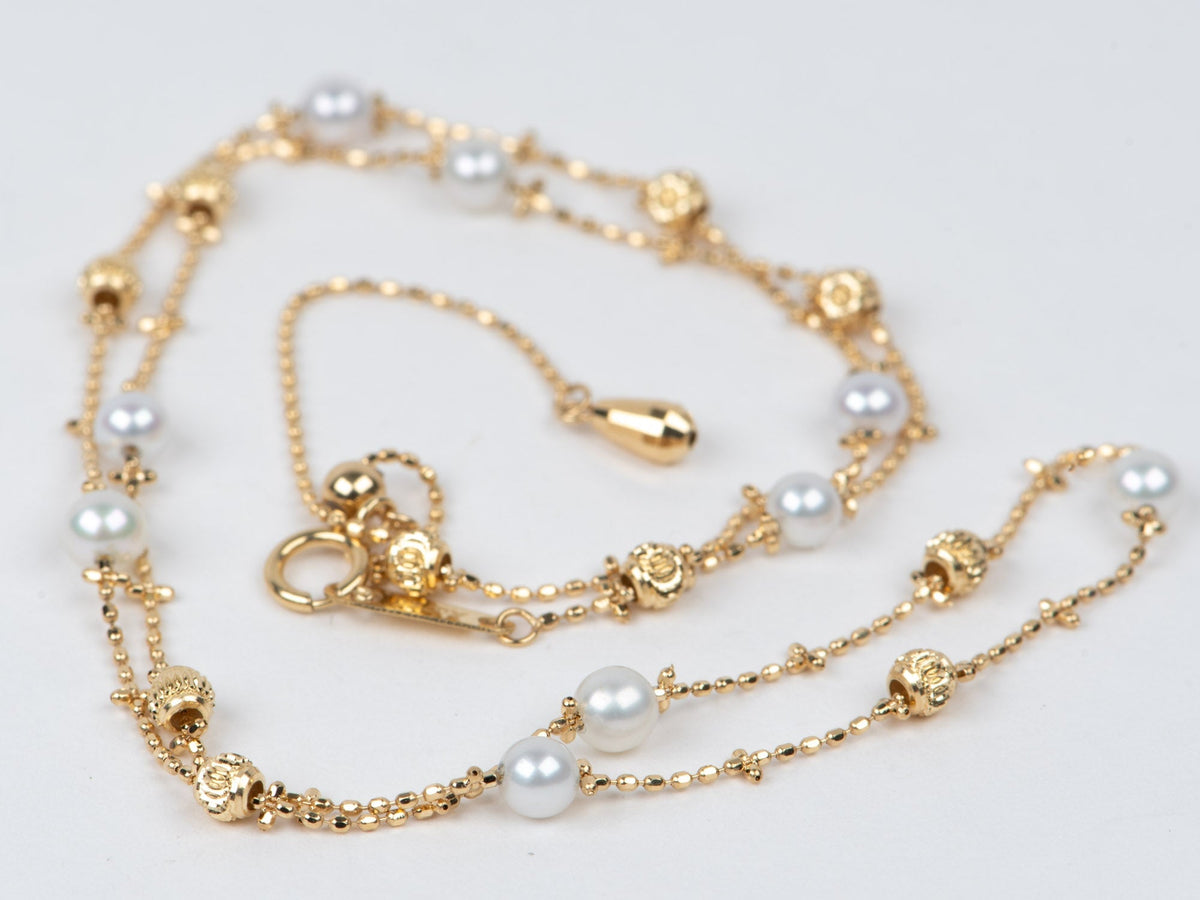 18K Gold Dainty Necklace with Diamond Cut Beads and Pearls R4609 Aurora Designer