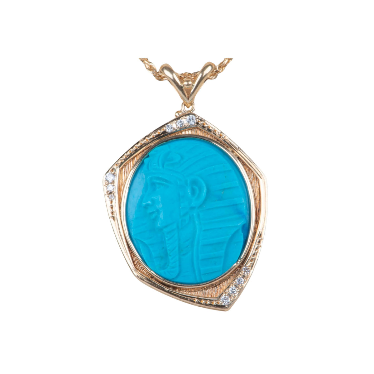 Egyptian Revival Carved Turquoise Pharaoh Pendant 18K Gold with Diamond Accent R4610 Aurora Designer