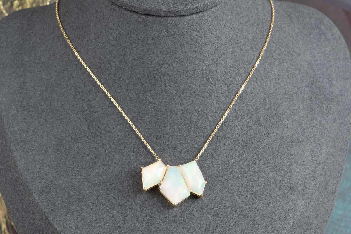 Glowing Geometric-Shape Ethiopian Opal Necklace 14K Gold R4632 Aurora Designer