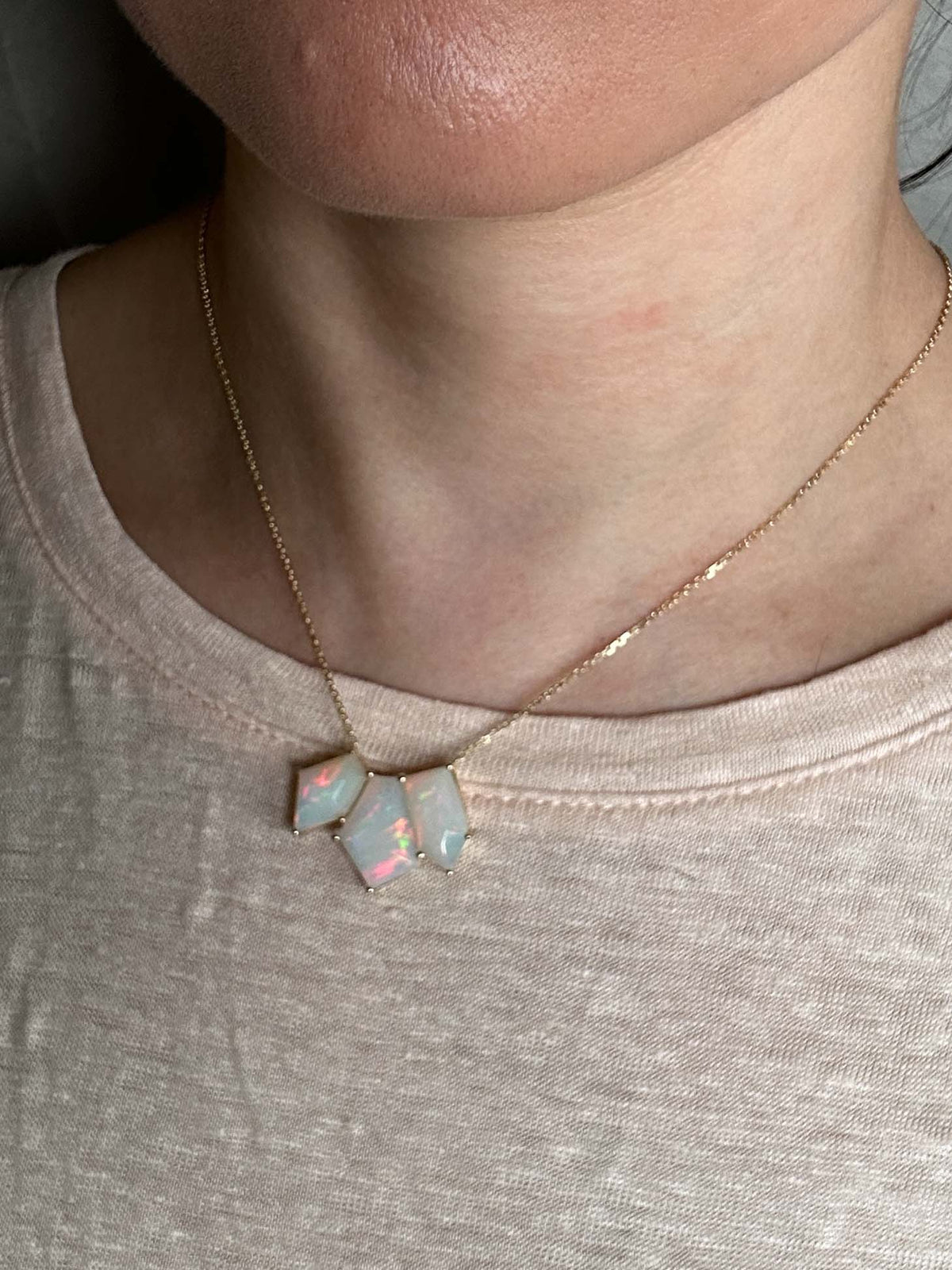 Glowing Geometric-Shape Ethiopian Opal Necklace 14K Gold R4632 Aurora Designer
