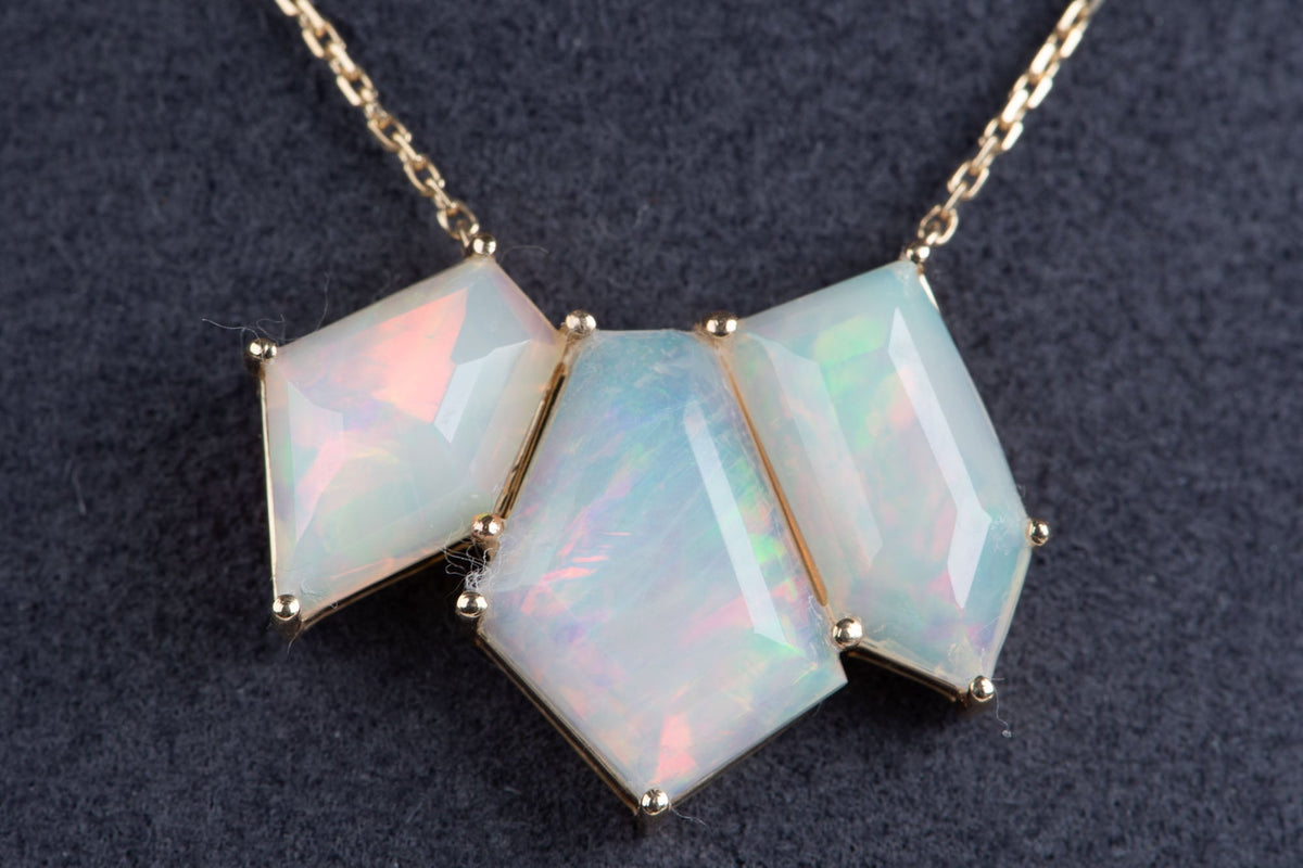 Glowing Geometric-Shape Ethiopian Opal Necklace 14K Gold R4632 Aurora Designer
