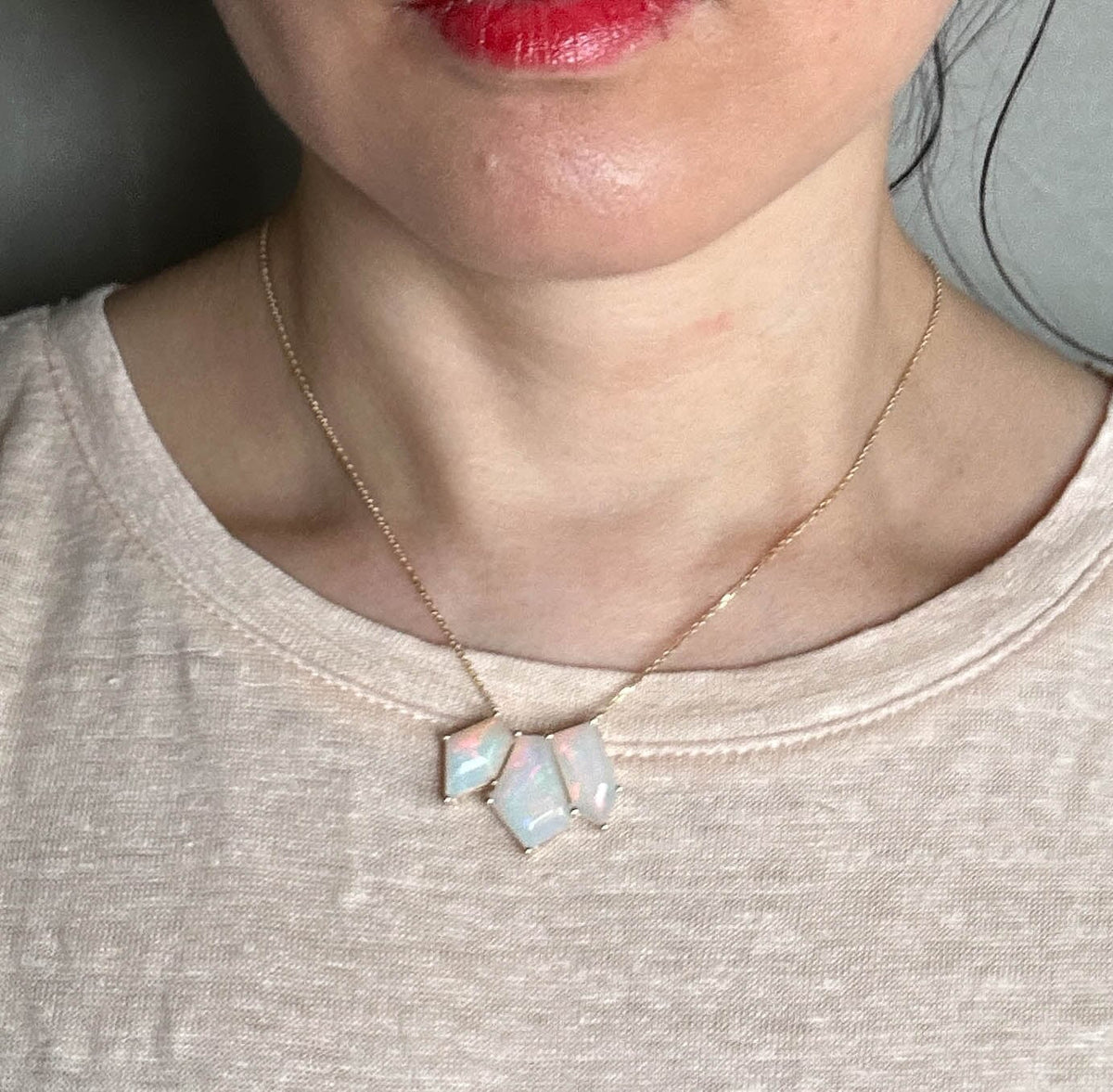 Glowing Geometric-Shape Ethiopian Opal Necklace 14K Gold R4632 Aurora Designer