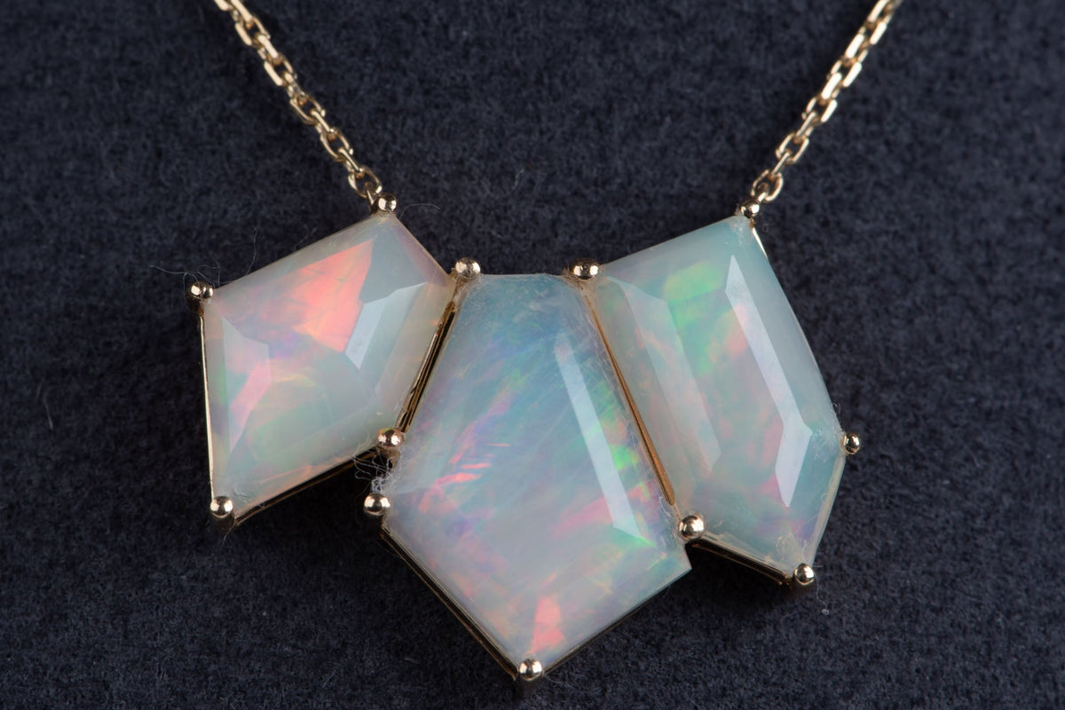 Glowing Geometric-Shape Ethiopian Opal Necklace 14K Gold R4632 Aurora Designer