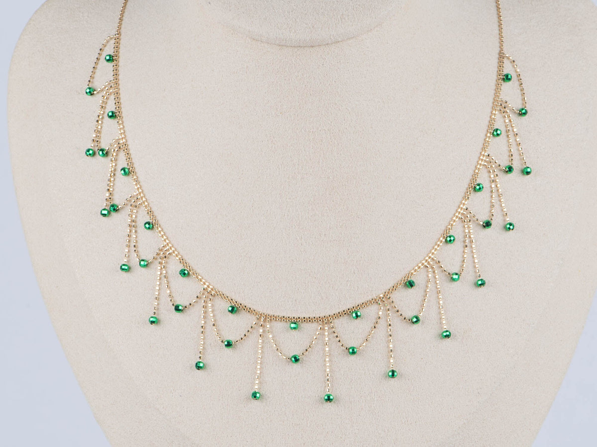 18K Gold Bright Green Bead Lace Necklace 5.44g R4637 Aurora Designer
