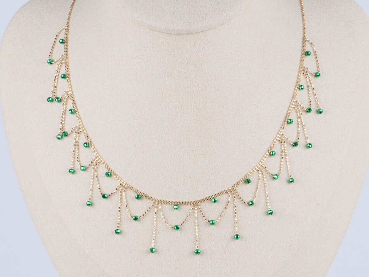 18K Gold Bright Green Bead Lace Necklace 5.44g R4637 Aurora Designer