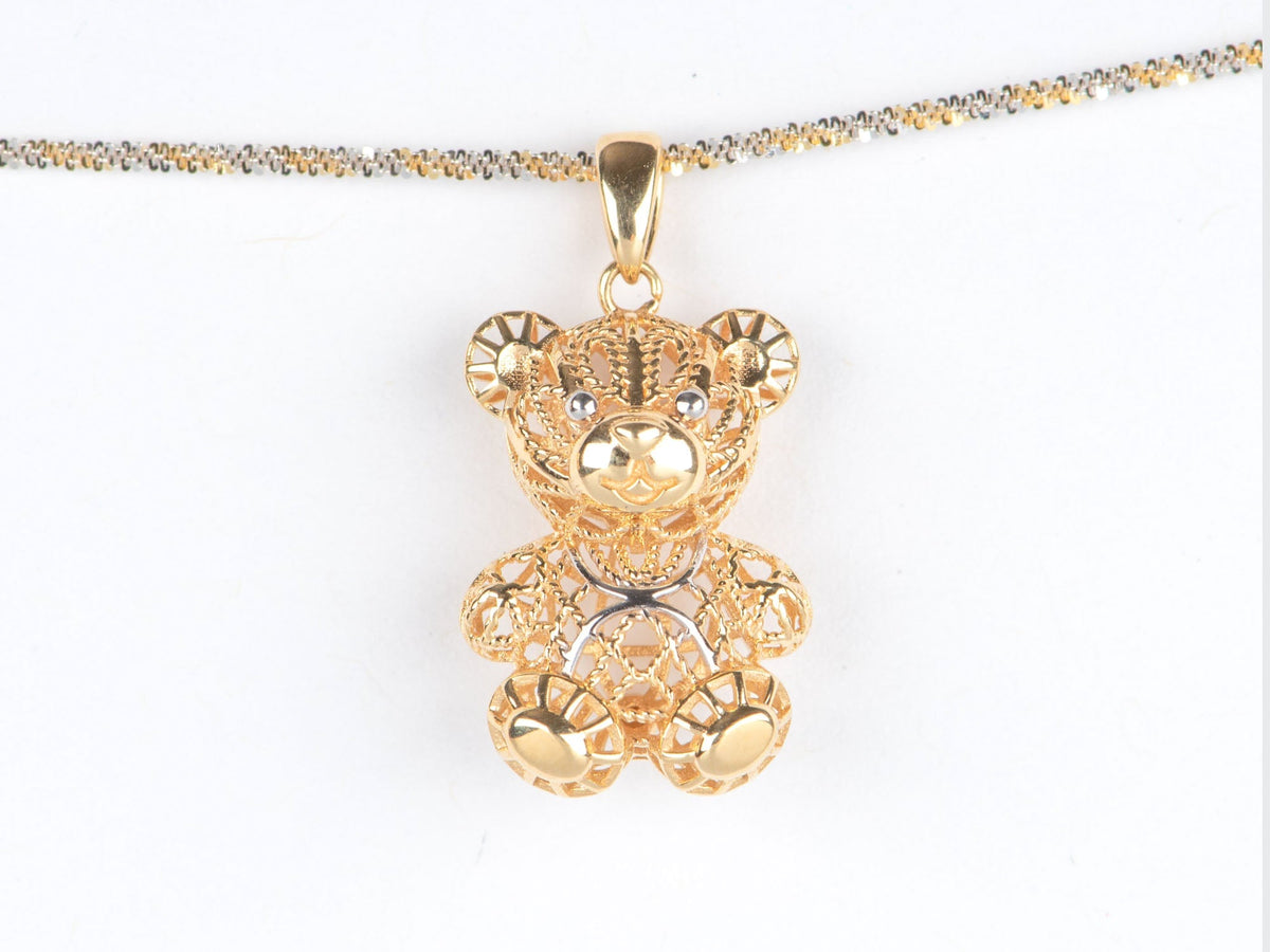 18K Gold Dual Tone Filigree Teddy Bear Charm Pendant R4645 Aurora Designer