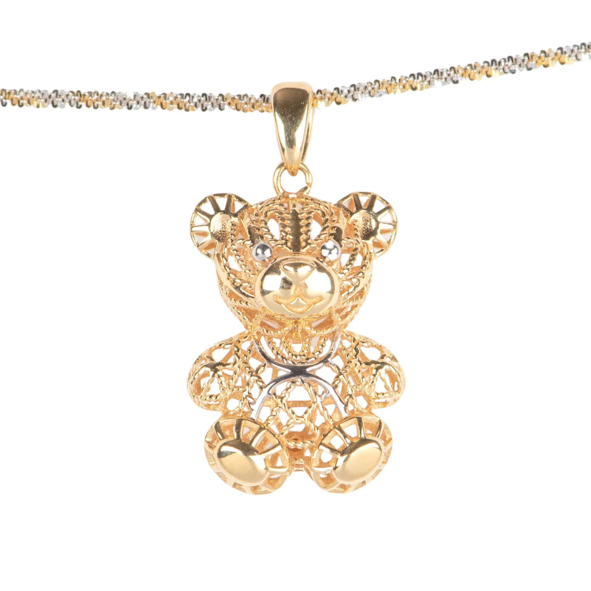 18K Gold Dual Tone Filigree Teddy Bear Charm Pendant R4645 Aurora Designer