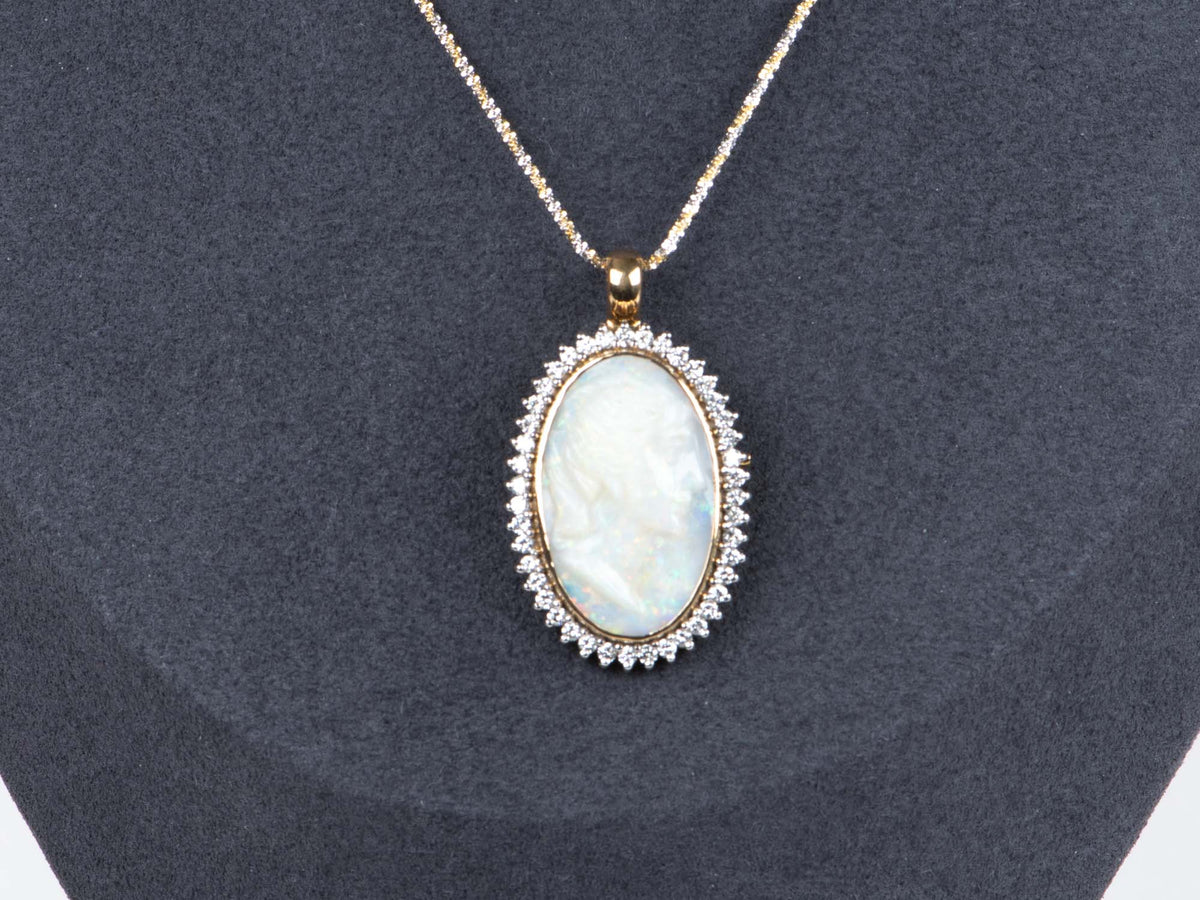 8.19ct Australian Opal Carving with Diamond Halo Convertible Pendant Brooch Platinum 18K Gold 10g+ R4650 Gold 10g+ R4650 Aurora Designer