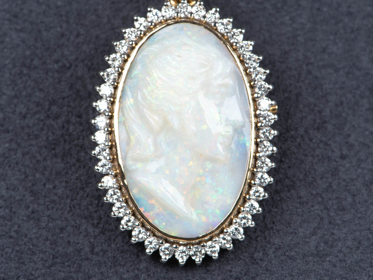 8.19ct Australian Opal Carving with Diamond Halo Convertible Pendant Brooch Platinum 18K Gold 10g+ R4650 Gold 10g+ R4650 Aurora Designer