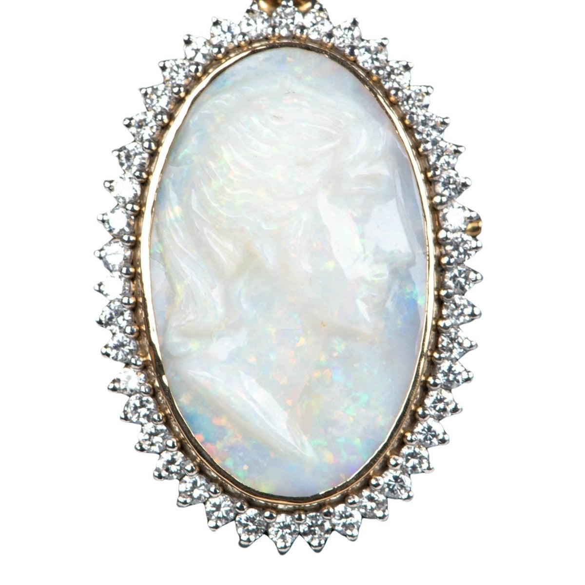 8.19ct Australian Opal Carved Lady with Diamond Halo Convertible Pendant Brooch Platinum 18K Gold 10g+ R4650 Aurora Designer
