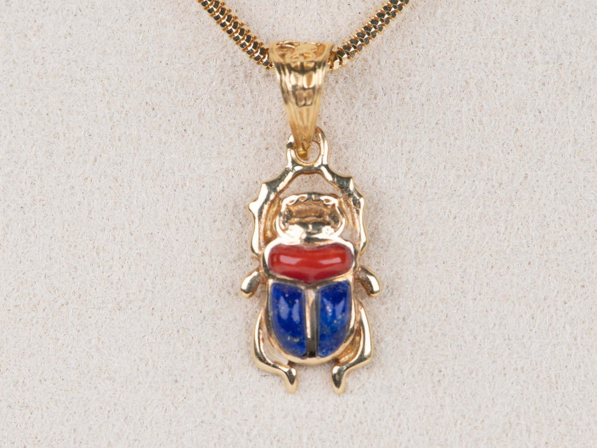 18K Gold Egyptian Scarab Pendant with Lapis and Coral R4657 Aurora Designer