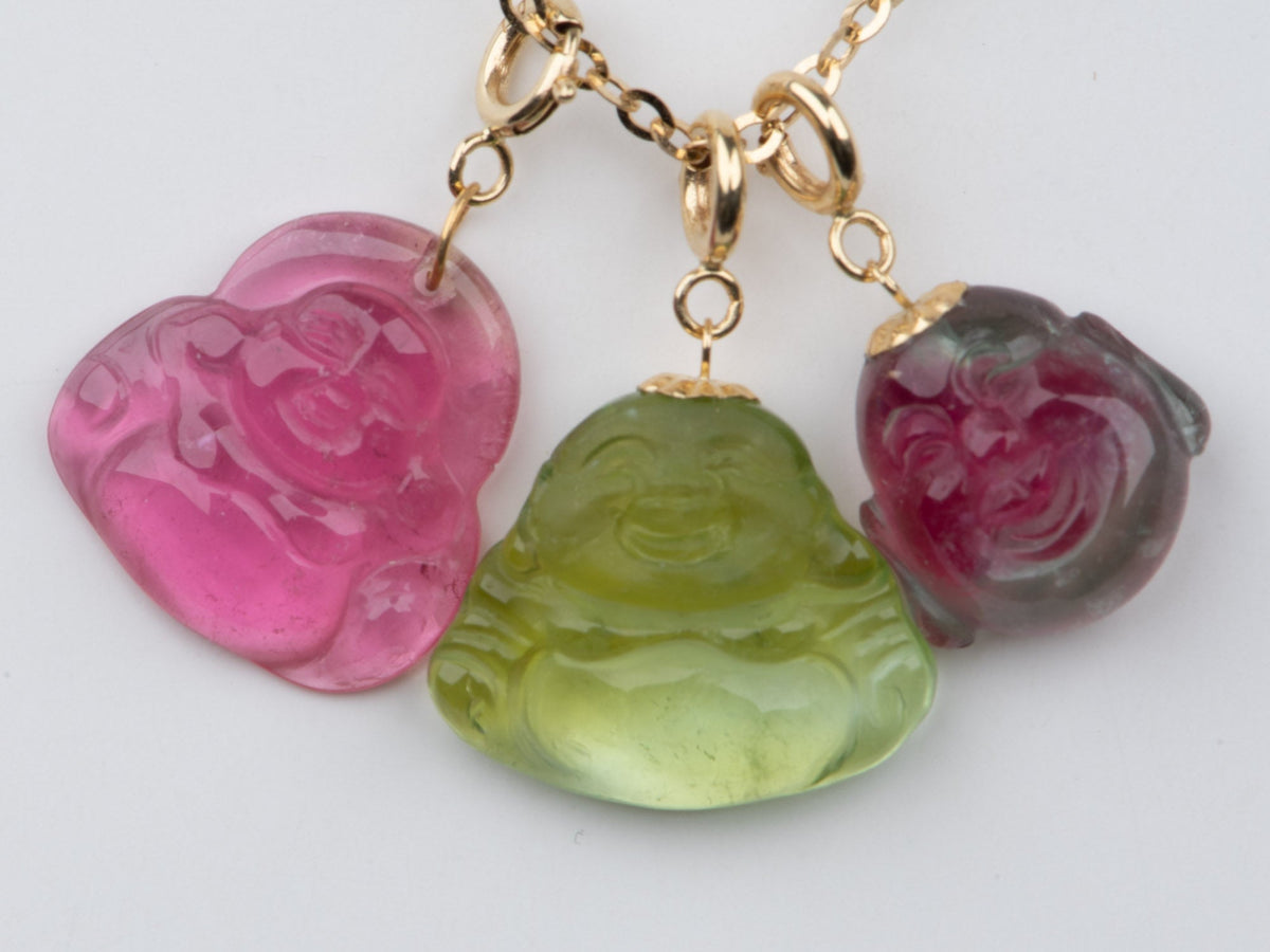 Tourmaline Buddha Carving Pendant Charm with 18K Gold Bail R4660 Aurora Designer