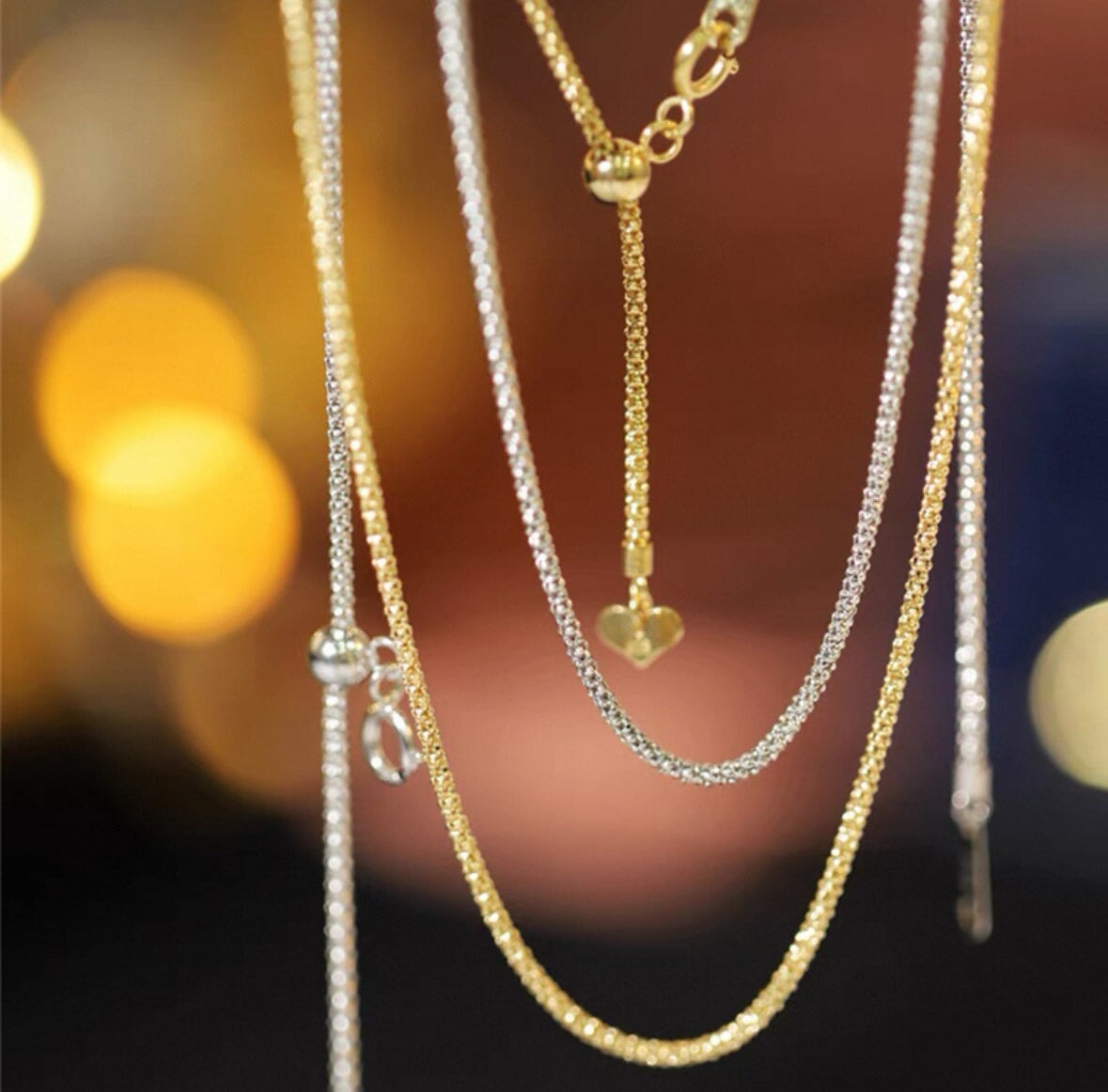 18K Gold Box Chain Necklace 21.5" Fully Adjustable with Sliding Bead 4g+ R4667 Aurora Designer