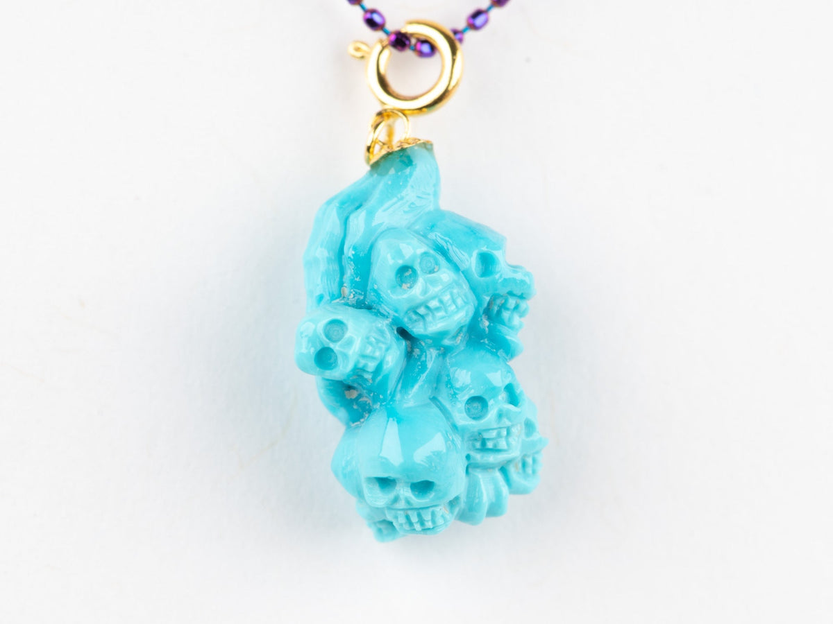 Hand Carved Turquoise Skulls Skull Pendant with 18K Gold Spring Ring Bail R4670 Aurora Designer