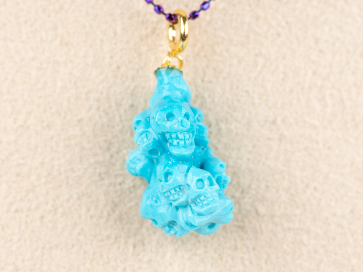 Hand Carved Turquoise Skulls Skull Pendant with 18K Gold Spring Ring Bail R4670 Aurora Designer