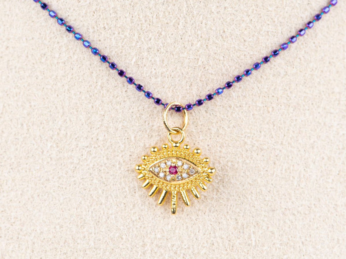 18K Gold Mini Evil Eye Charm with Ruby and Diamond Pave R4671 Aurora Designer