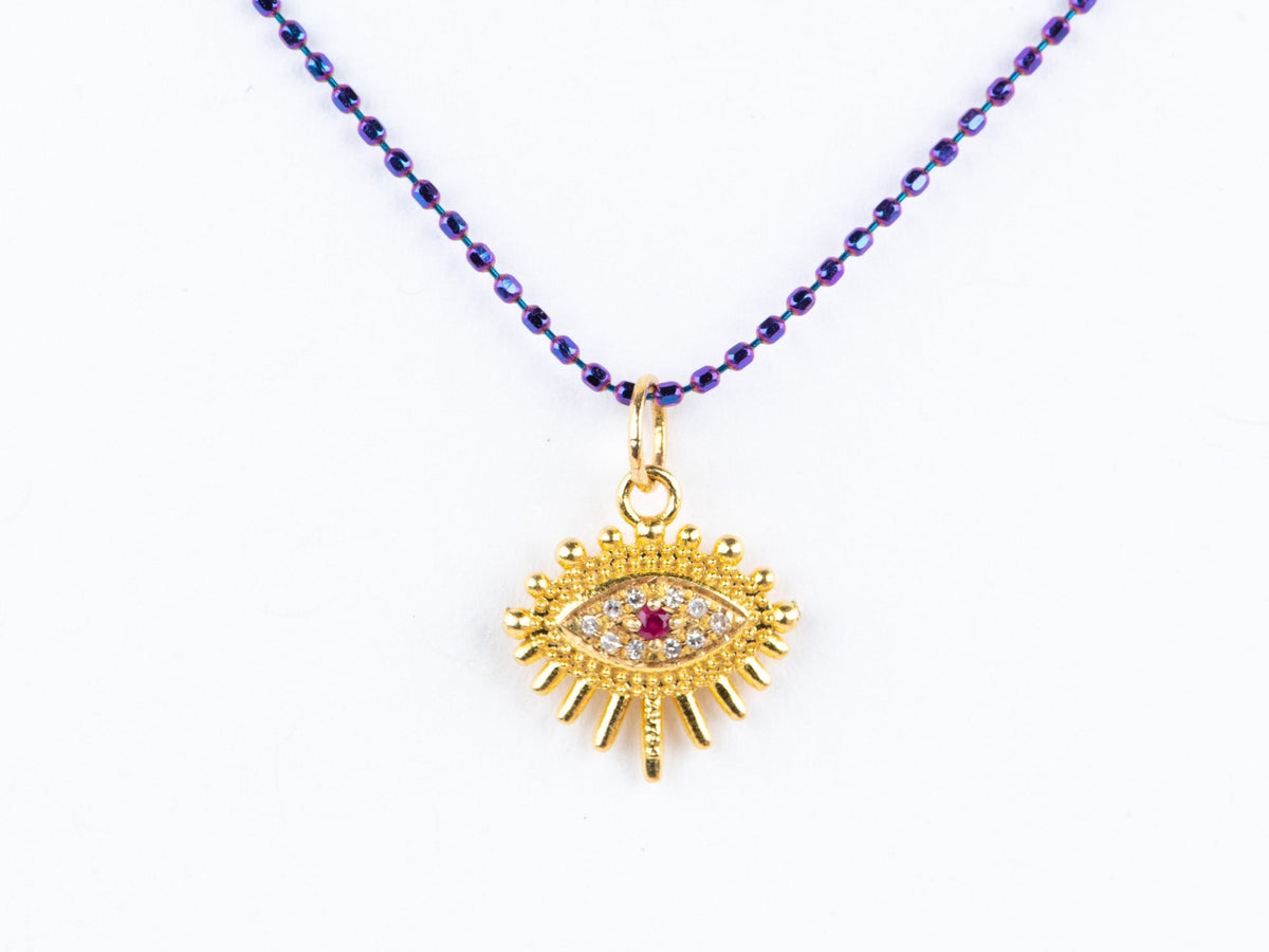 18K Gold Mini Evil Eye Charm with Ruby and Diamond Pave R4671 Aurora Designer