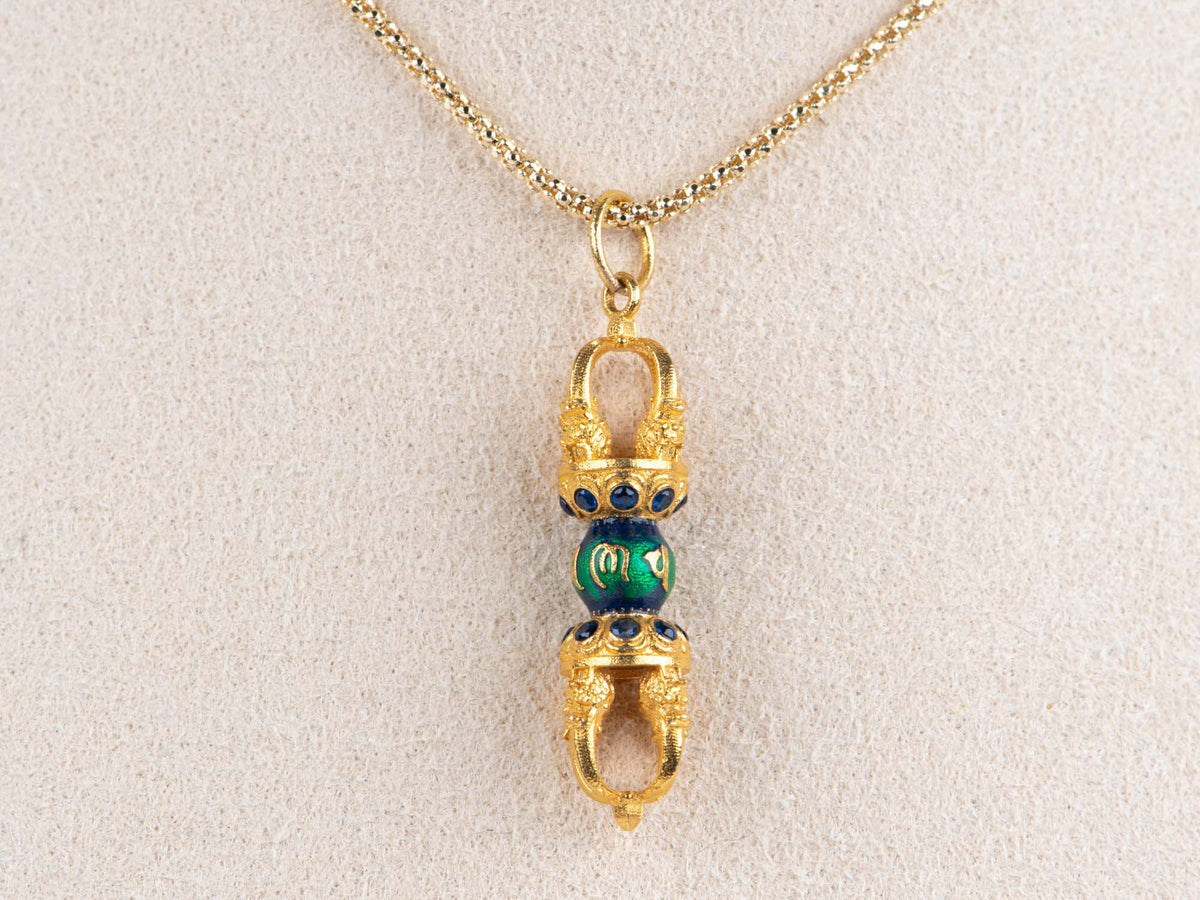 18K Gold Vajra Pendant Charm with Enamel and Sapphires 2.95g R4672 Aurora Designer