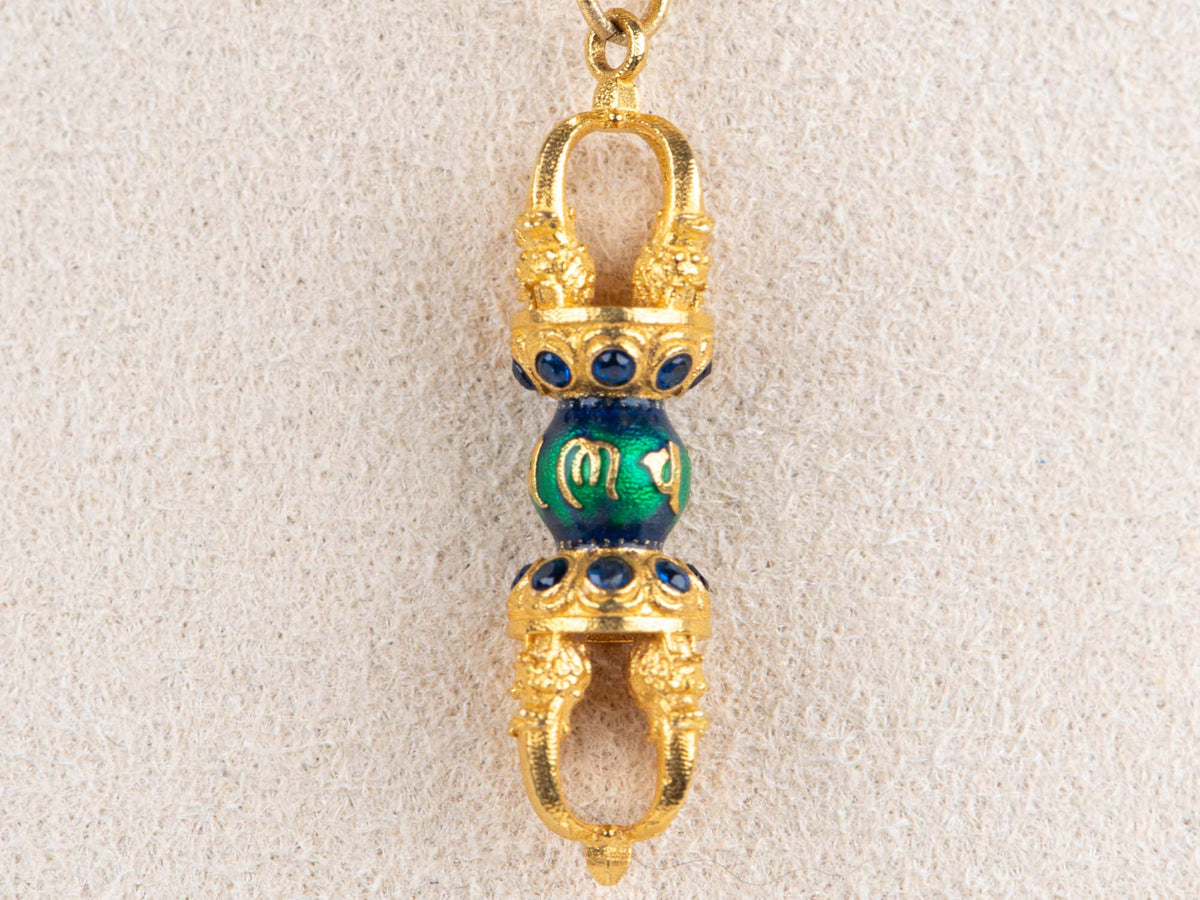 18K Gold Vajra Pendant Charm with Enamel and Sapphires 2.95g R4672 Aurora Designer