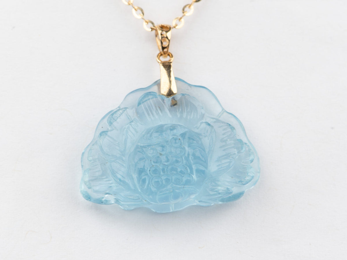 Aquamarine Carving Lotus Flower Pendant with 18K Gold Bail Carved R4677 Aurora Designer