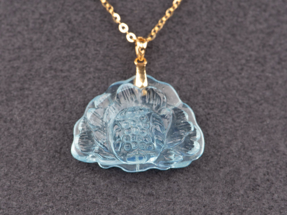 Aquamarine Carving Lotus Flower Pendant with 18K Gold Bail Carved R4677 Aurora Designer