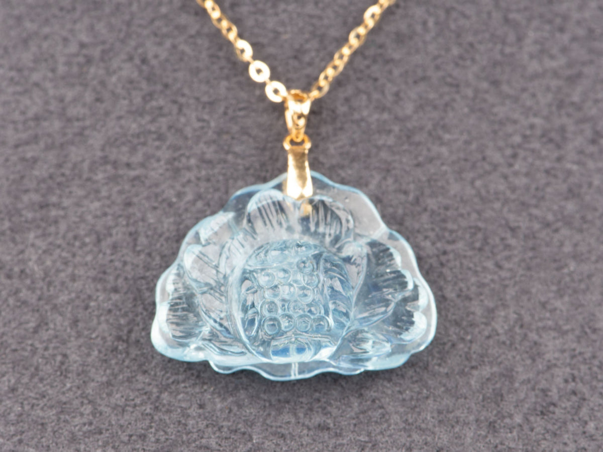Aquamarine Carving Lotus Flower Pendant with 18K Gold Bail Carved R4677 Aurora Designer