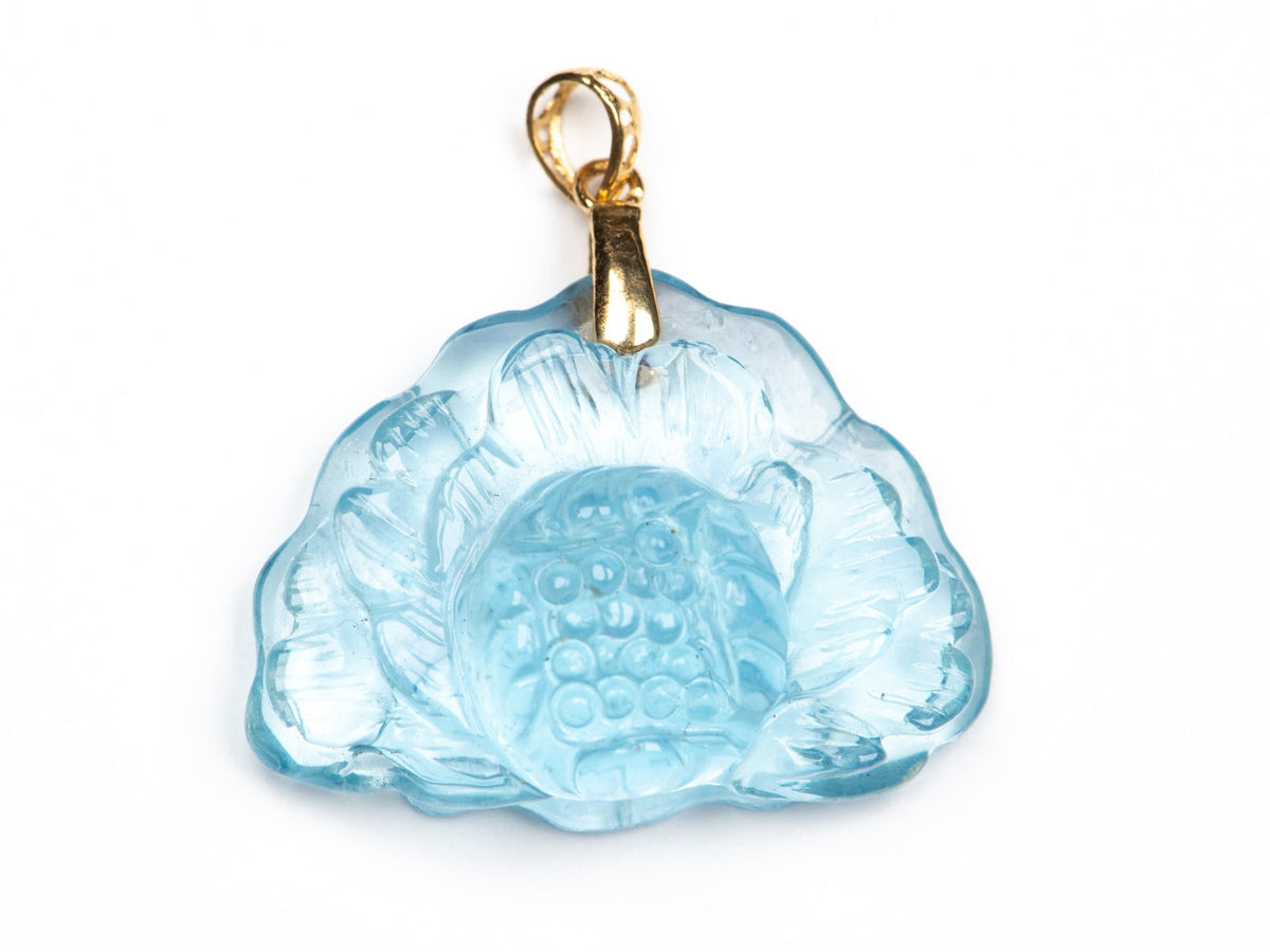 Aquamarine Carving Lotus Flower Pendant with 18K Gold Bail Carved R4677 Aurora Designer